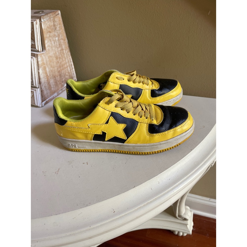 A Bathing Ape Bape Sta Low Yellow Black Leather Sneakers Mens 10 Shoes